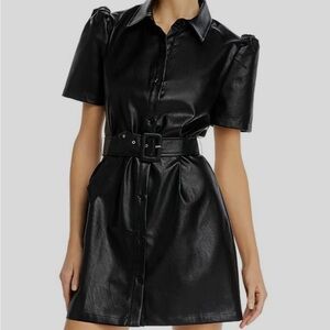 AQUA Black Faux Leather Belted Dress